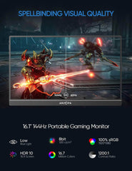 ARZOPA 16.1'' 144Hz 1080P FHD Portable Gaming Monitor - HDR, External Second Screen for Switch, Xbox, PS5, Laptop, PC, Mac, Raspberry G1 Game