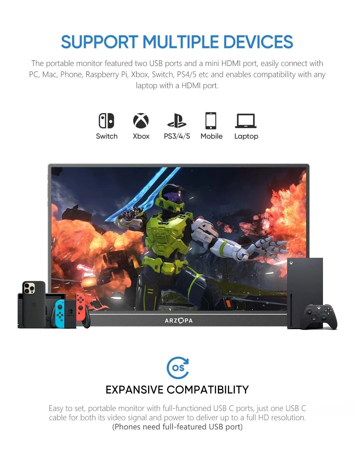 ARZOPA 16.1'' 144Hz 1080P FHD Portable Gaming Monitor - HDR, External Second Screen for Switch, Xbox, PS5, Laptop, PC, Mac, Raspberry G1 Game