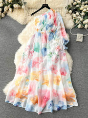 Asymmetrical Lantern Sleeves Floral Ruffled Waist Maxi Dress