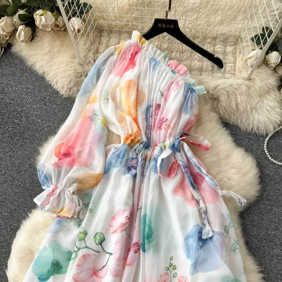 Asymmetrical Lantern Sleeves Floral Ruffled Waist Maxi Dress