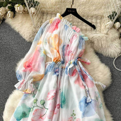 Asymmetrical Lantern Sleeves Floral Ruffled Waist Maxi Dress