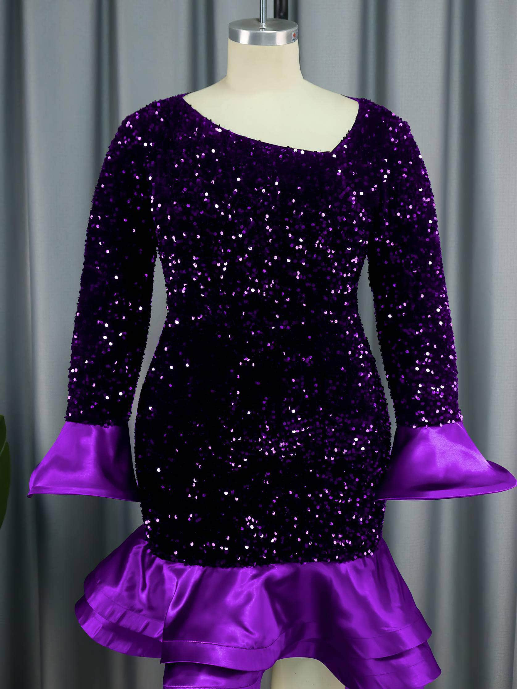 Asymmetrical Neck Flared Sleeves Mermaid Sequin Dress