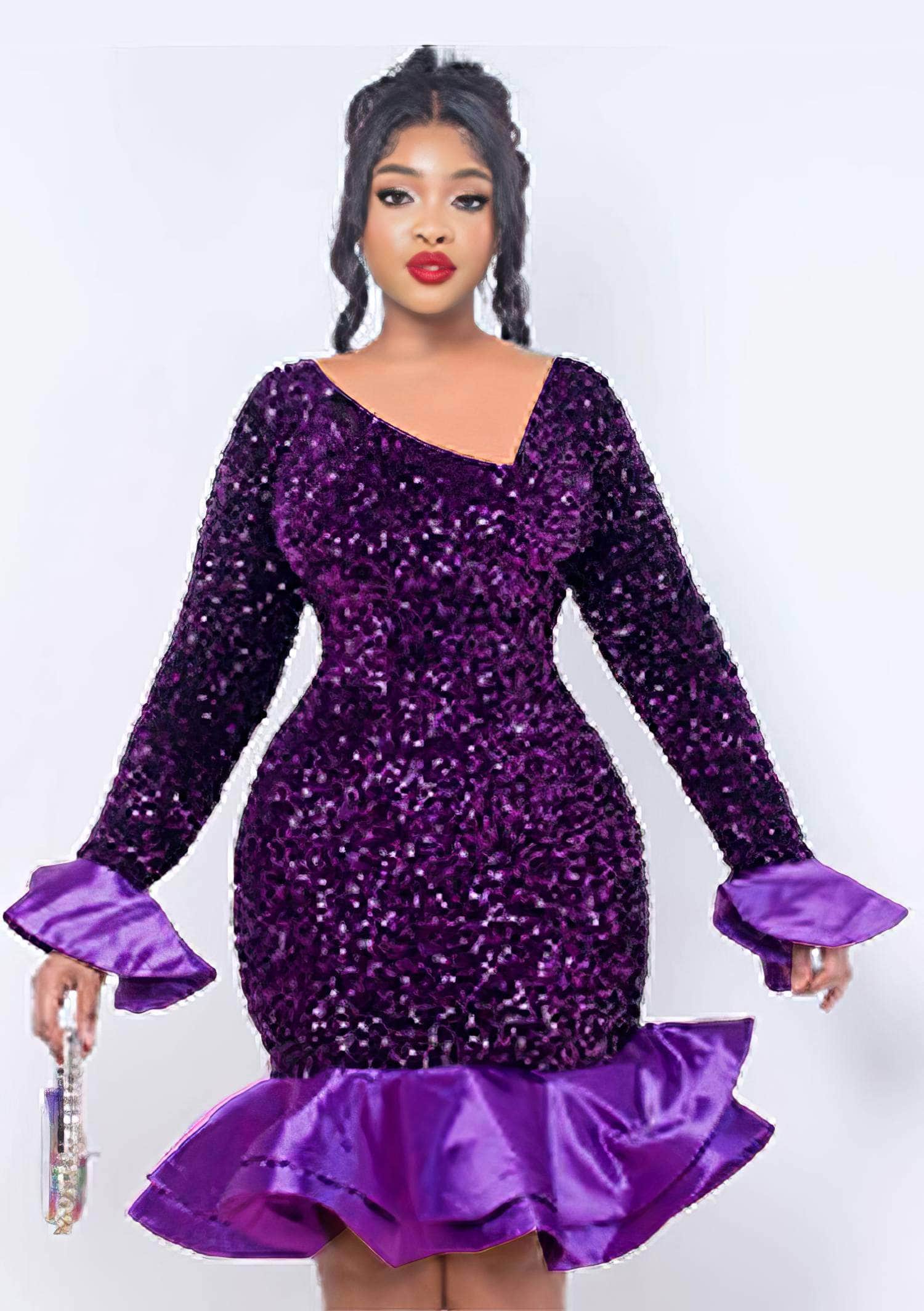 Asymmetrical Neck Flared Sleeves Mermaid Sequin Dress US 4-6 / Purple