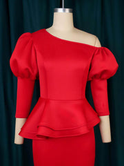 Asymmetrical Neck Gigot Sleeves Peplum Dress