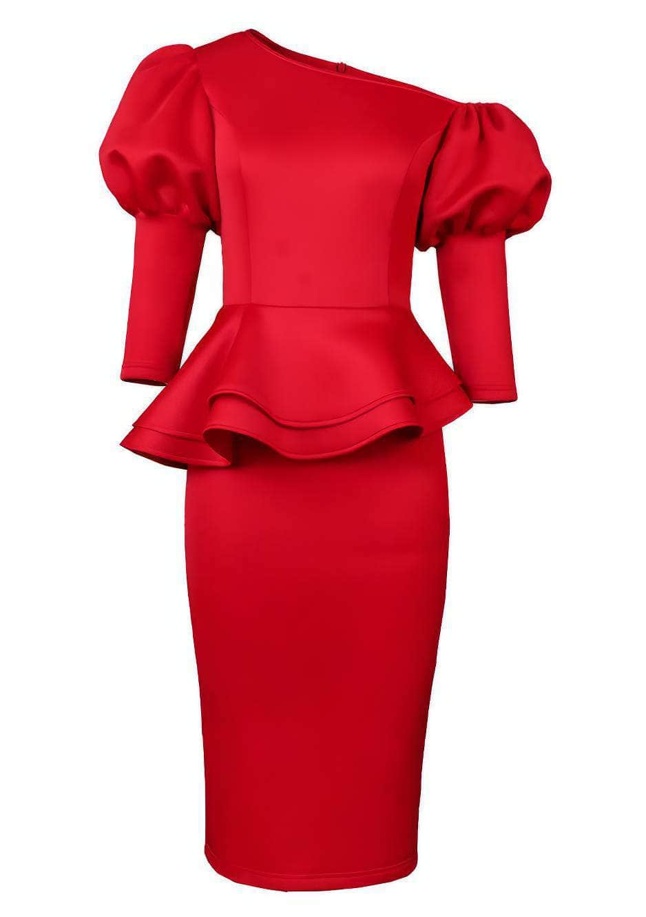 Asymmetrical Neck Gigot Sleeves Peplum Dress