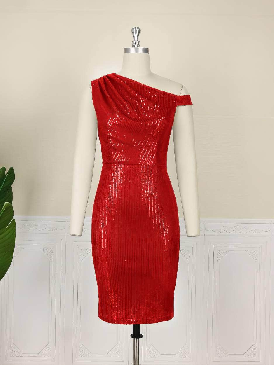 Asymmetrical Neckline Mini Sequin Dress