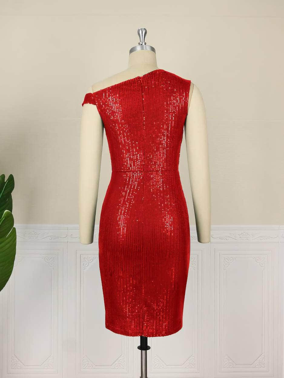 Asymmetrical Neckline Mini Sequin Dress