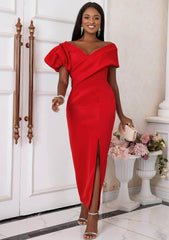Asymmetrical Neckline Puff Sleeves Slim Fit Dress US 4-6 / Red