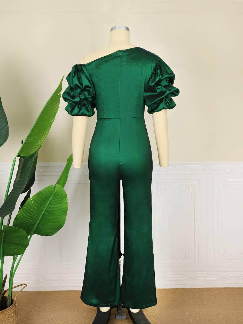 Asymmetrical Neckline Ruched Sleeves Satin Jumpsuit