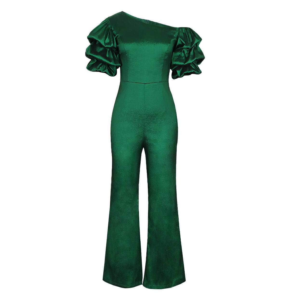 Asymmetrical Neckline Ruched Sleeves Satin Jumpsuit