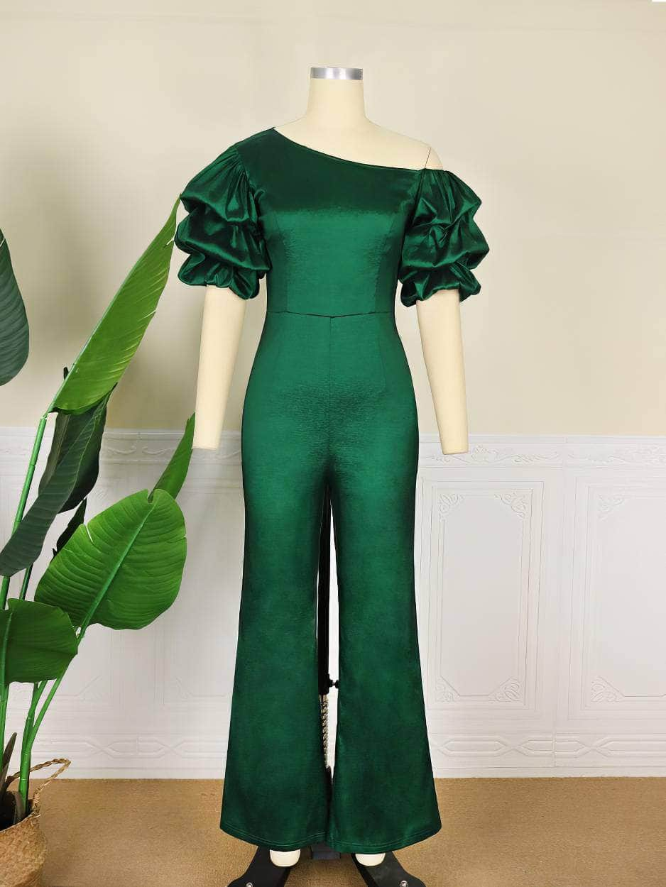 Asymmetrical Neckline Ruched Sleeves Satin Jumpsuit