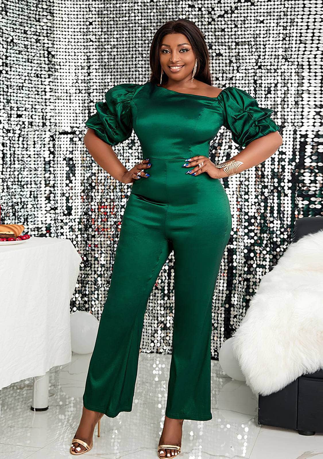 Asymmetrical Neckline Ruched Sleeves Satin Jumpsuit US 4-6 / Green