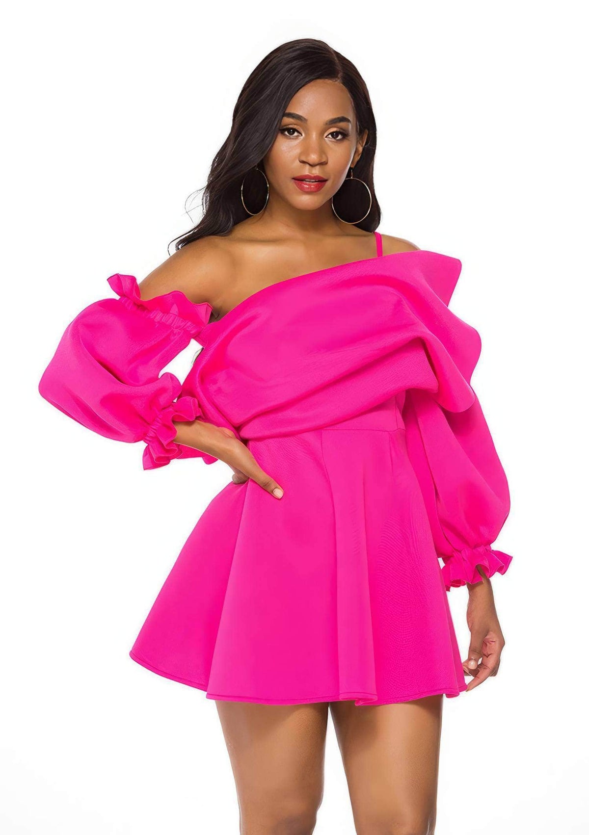 Asymmetrical Ruffle Mini Skater Party Dress US 4-6 / DeepPink