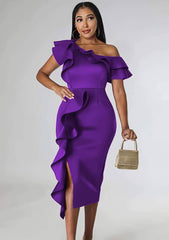 Asymmetrical Ruffled Front Slit Dress US 4-6 / Purple