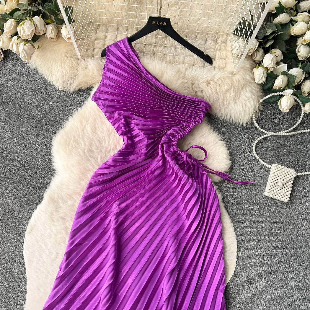 Asymmetrical Shoulder Waist Drawstring Pleated Dress