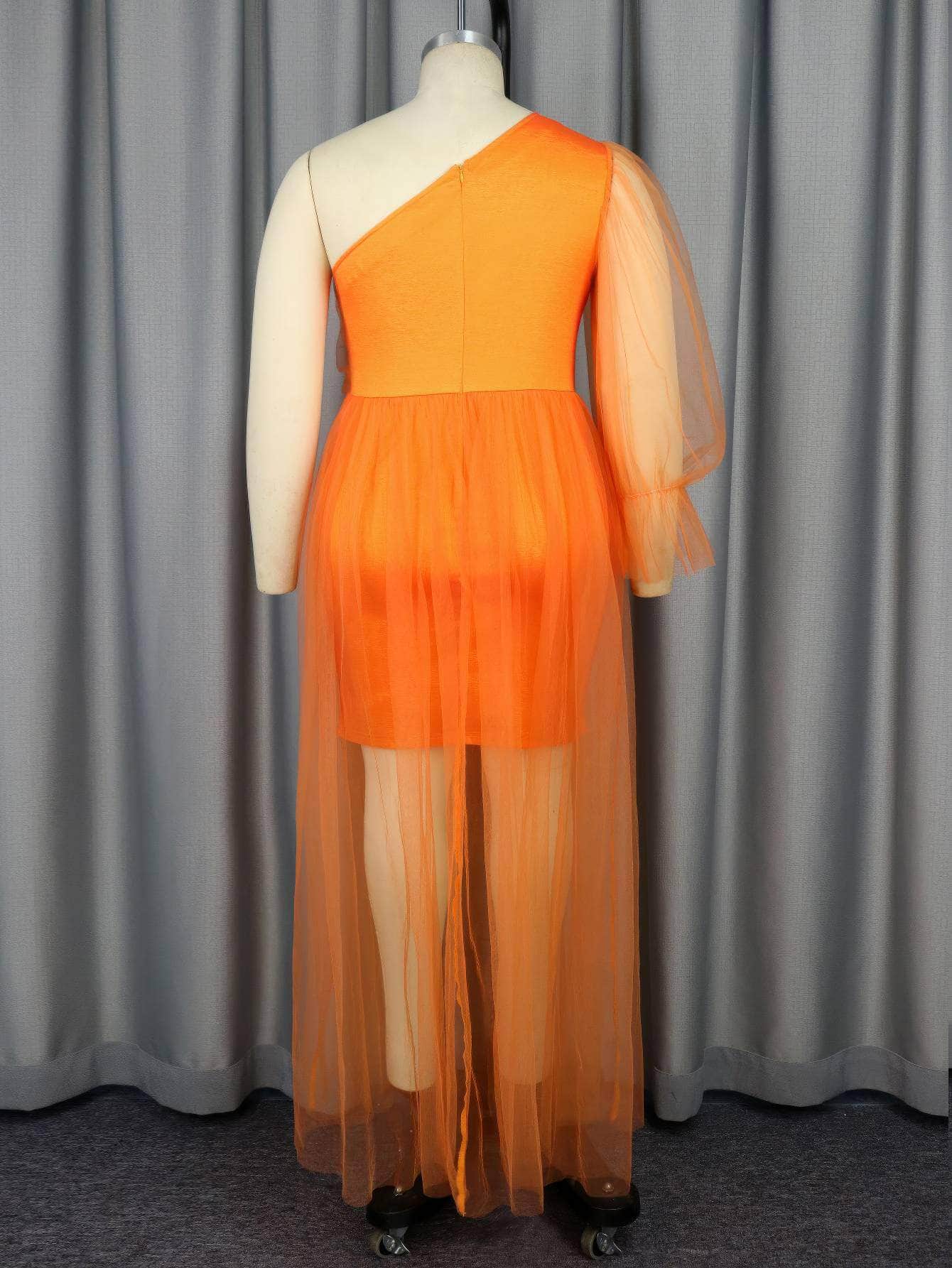 Asymmetrical Sleeves Shimmery Tulle Draped Dress