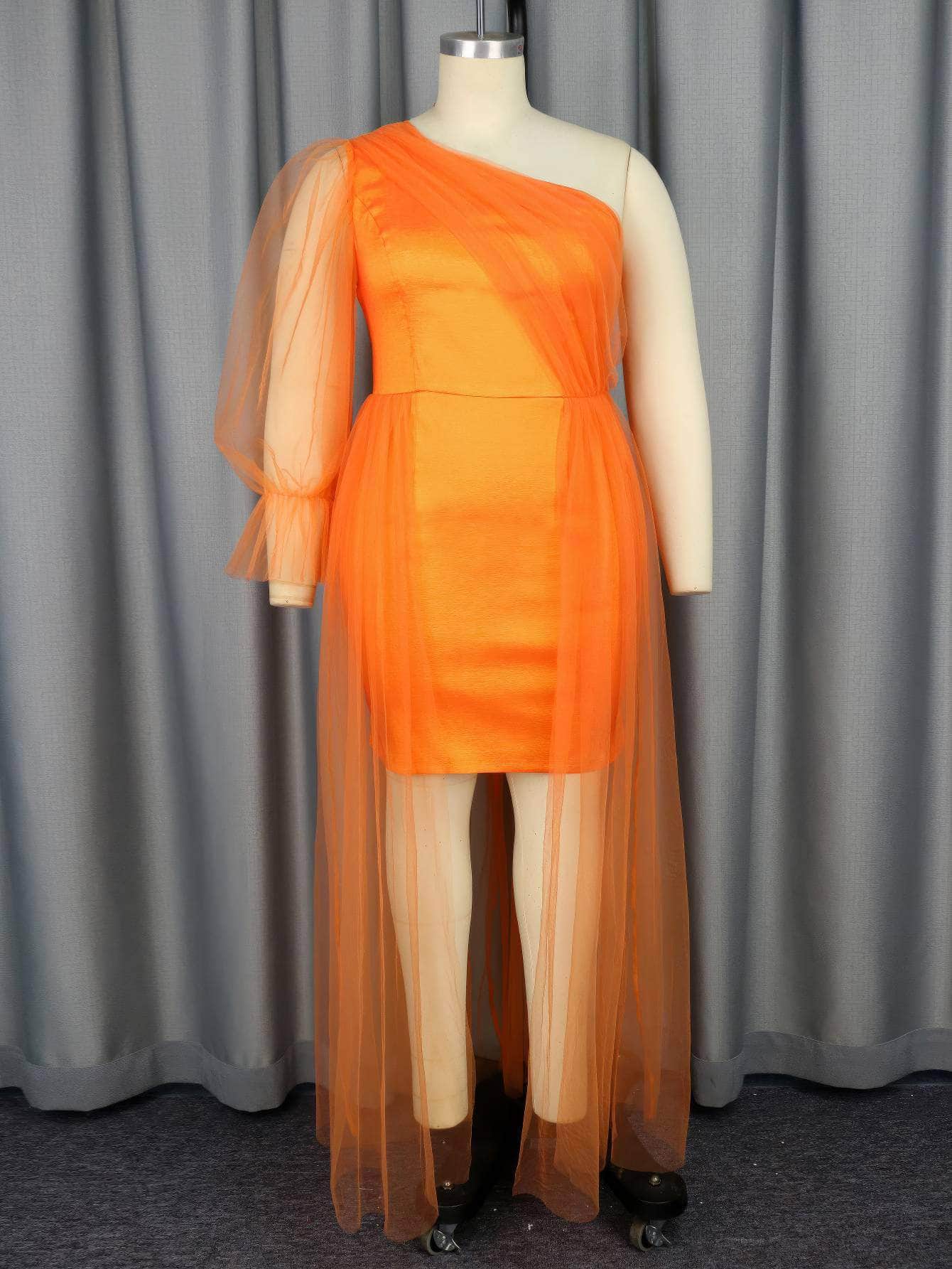 Asymmetrical Sleeves Shimmery Tulle Draped Dress