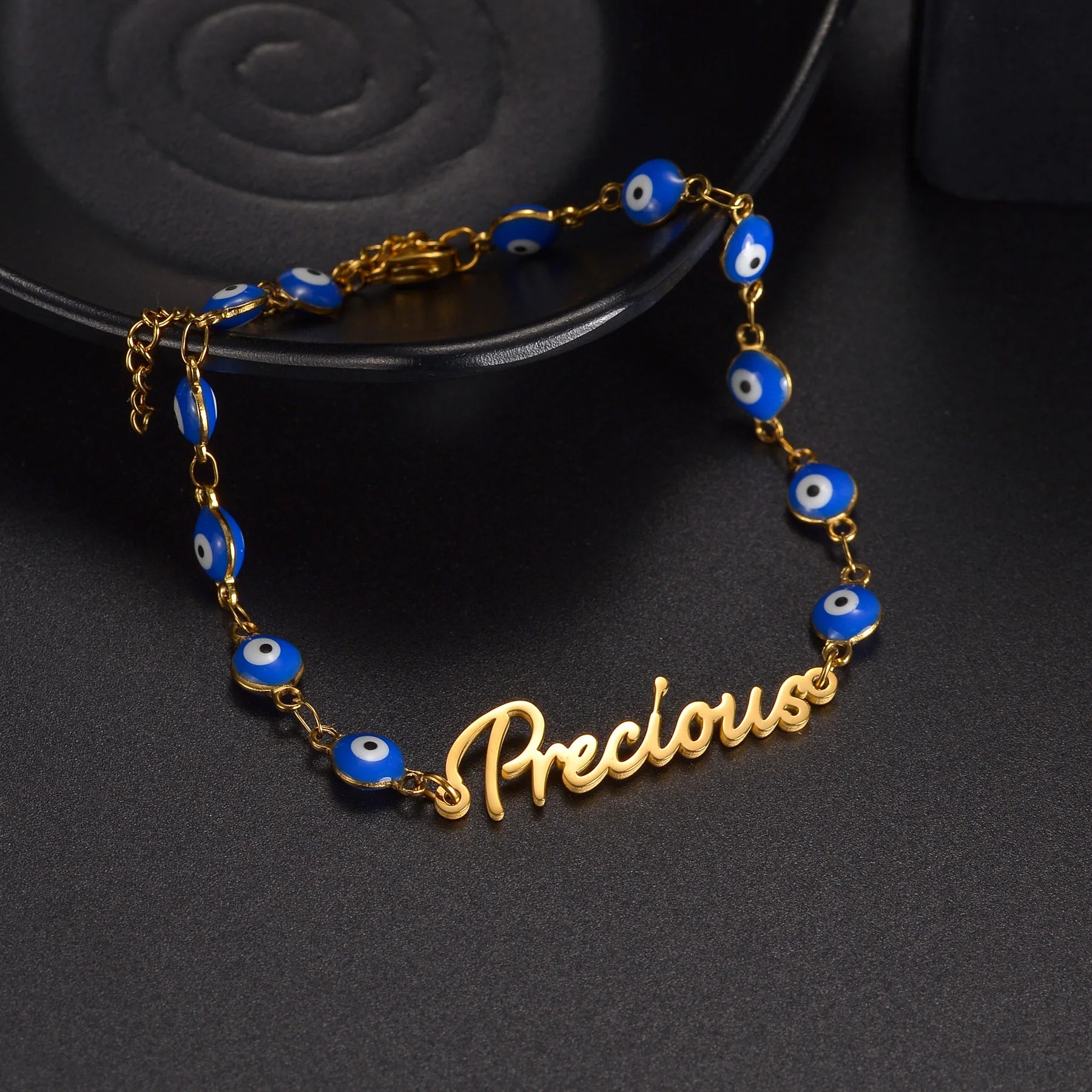 Atoztide Personalized Custom Name Bracelet - Stainless Steel with Color Oil Blue Eyes Letter, Handmade Link Chain Bangle