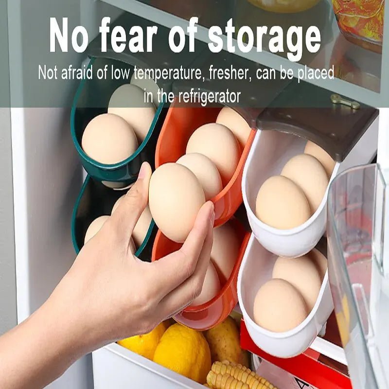 Auto-Scrolling Rolling Egg Holder - Refrigerator Egg Dispenser Organizer with Lid