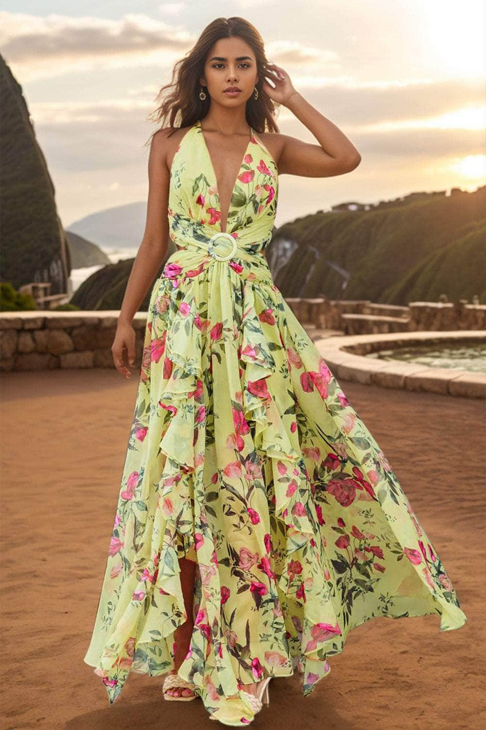 Backless Printed Plunge Sleeveless Dress Floral / S