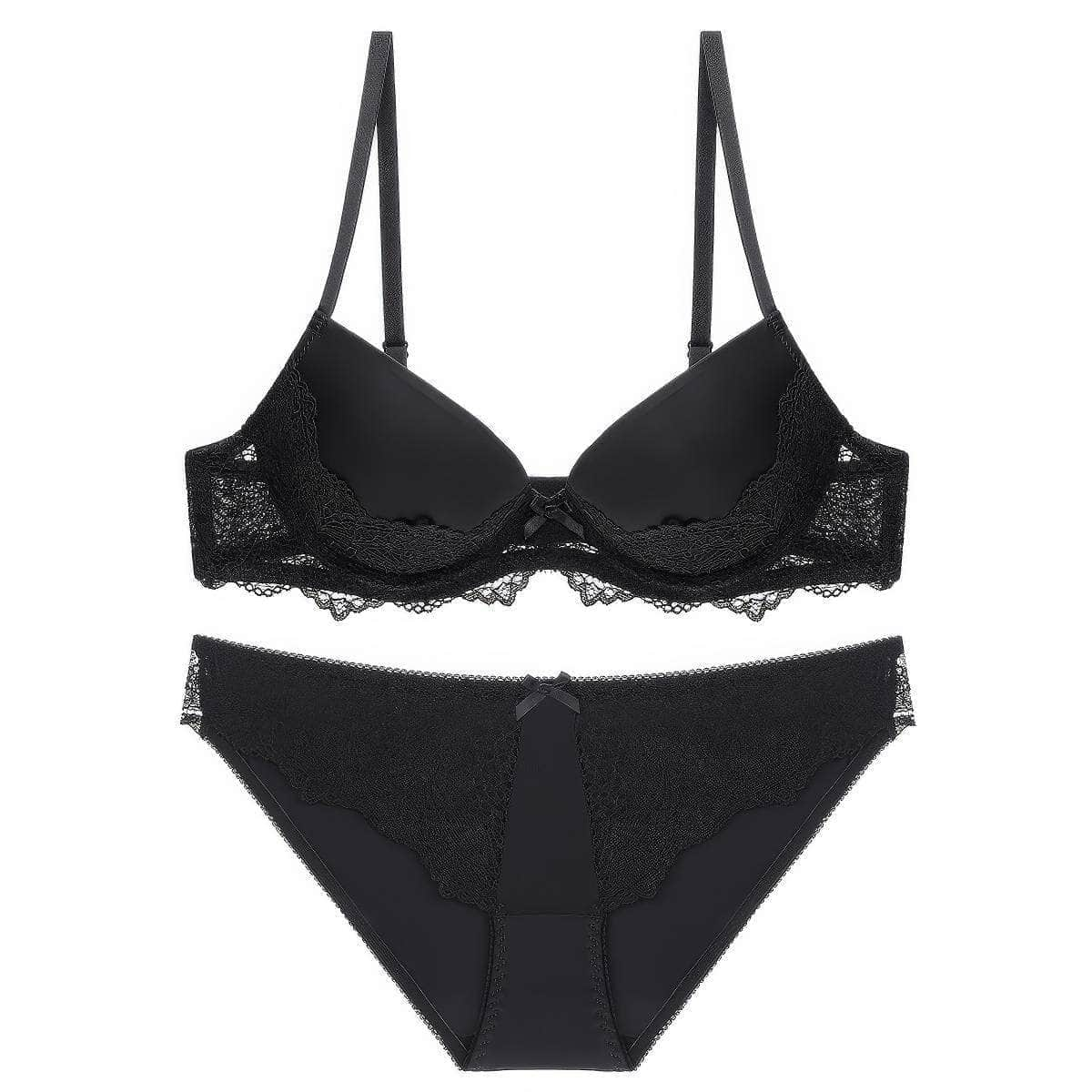 Balconette Floral Lace Detailed Bra Panty Set 70A / Black