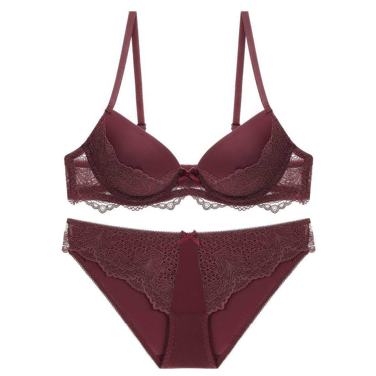 Balconette Floral Lace Detailed Bra Panty Set 70A / Maroon