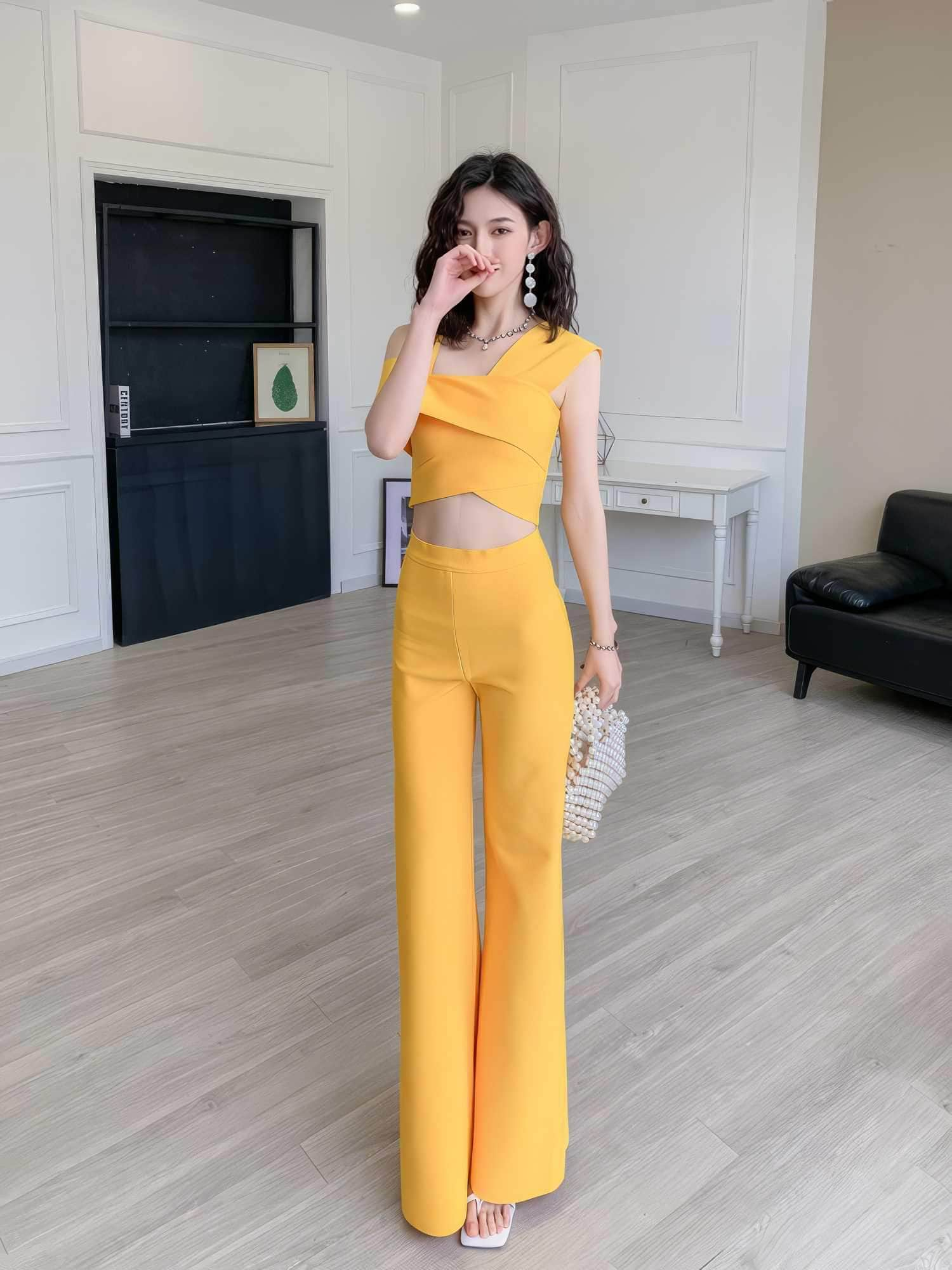 Bandage Top High-Waisted Pants Two-Piece Set XS / Yellow