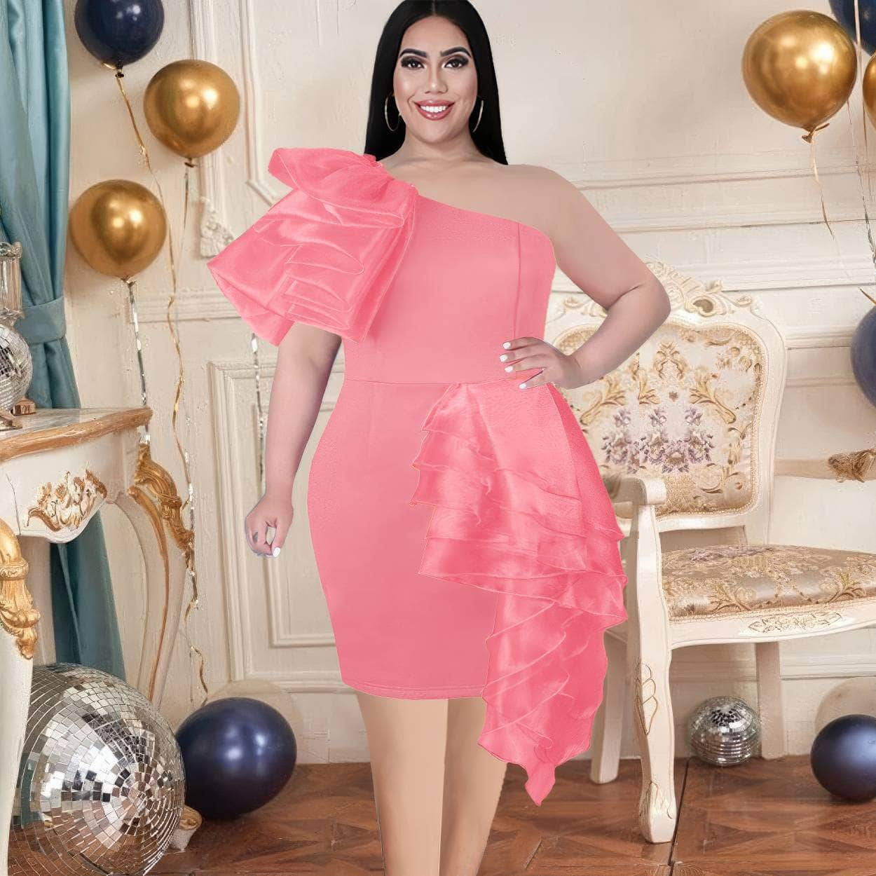 Bare Shoulder Ruffled Organza Mini Dress US 4-6 / Pink