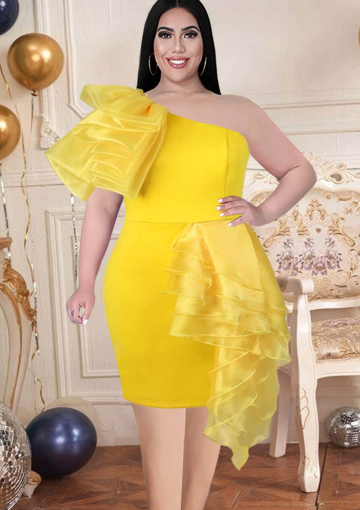 Bare Shoulder Ruffled Organza Mini Dress US 4-6 / Yellow