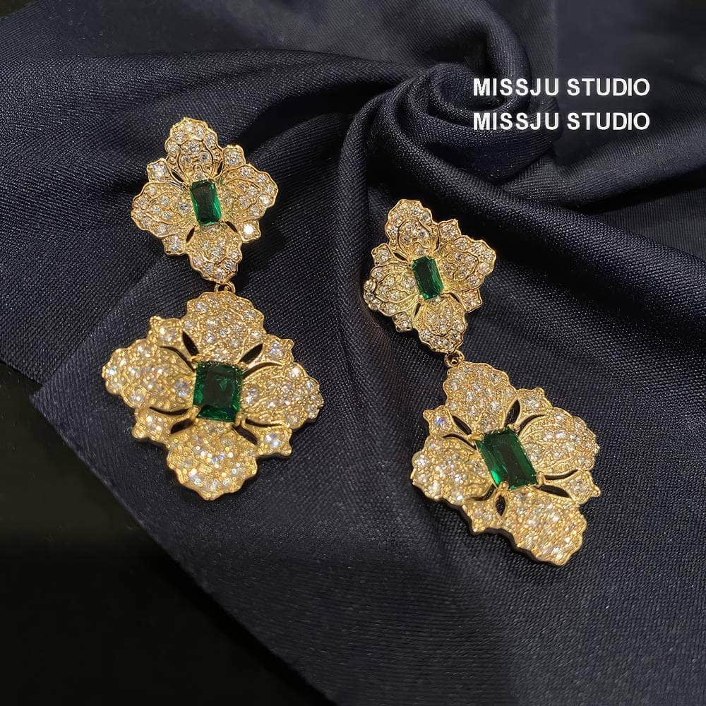 Baroque Emerald Gemstone Paved Crystal Gold Earrings Green