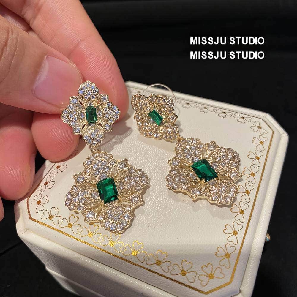 Baroque Emerald Gemstone Paved Crystal Gold Earrings Green