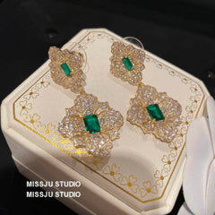 Baroque Emerald Gemstone Paved Crystal Gold Earrings Green