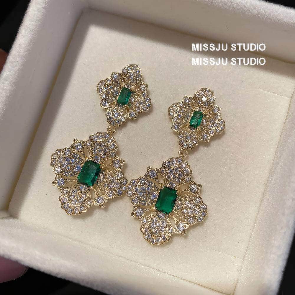 Baroque Emerald Gemstone Paved Crystal Gold Earrings Green
