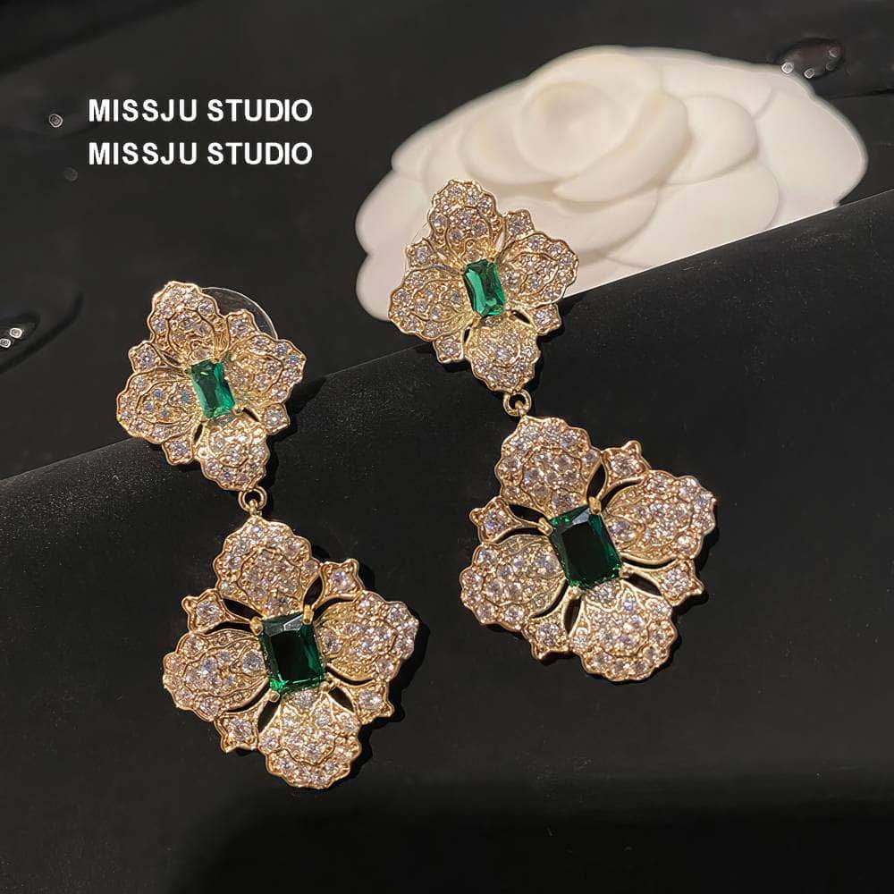 Baroque Emerald Gemstone Paved Crystal Gold Earrings Green
