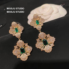 Baroque Emerald Gemstone Paved Crystal Gold Earrings Green