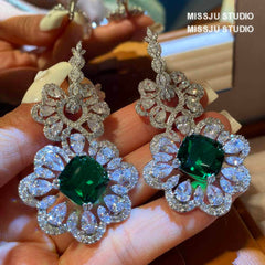 Baroque Luxury Emerald Crystal Inlaid Silver Earrings Green