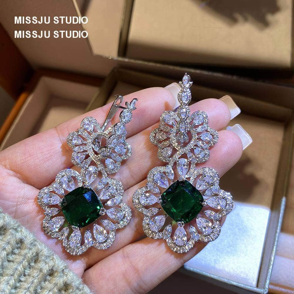Baroque Luxury Emerald Crystal Inlaid Silver Earrings Green