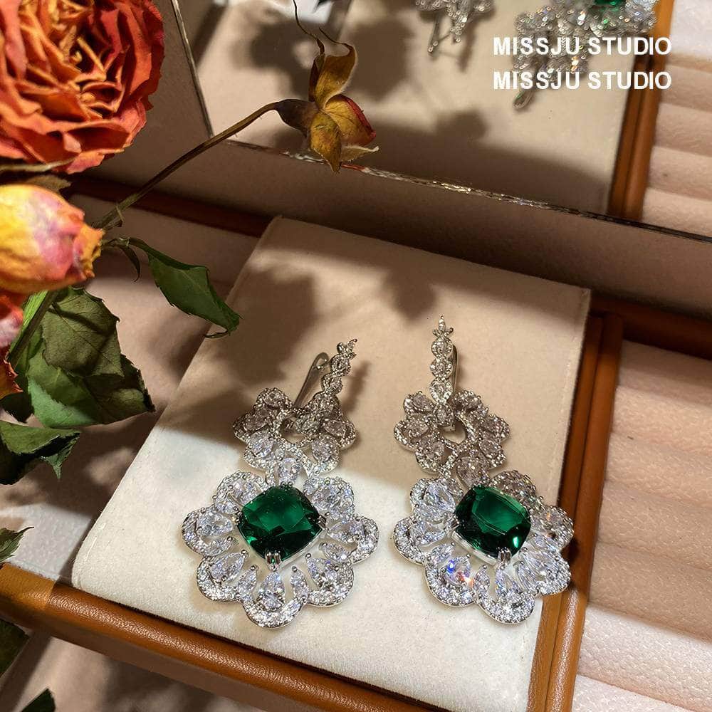 Baroque Luxury Emerald Crystal Inlaid Silver Earrings Green