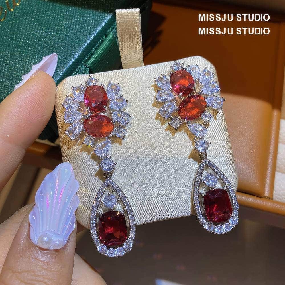 Baroque Ruby Crystals Paved Dangle Earrings Red