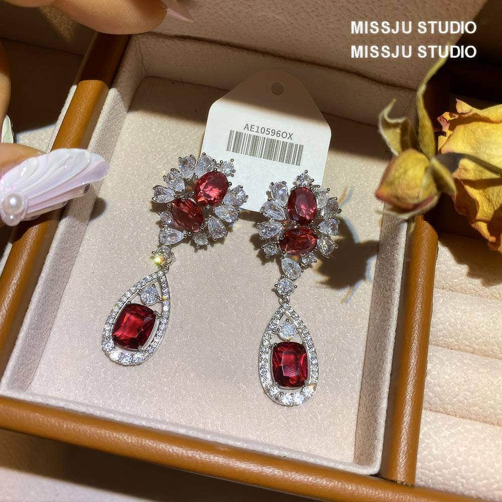 Baroque Ruby Crystals Paved Dangle Earrings Red