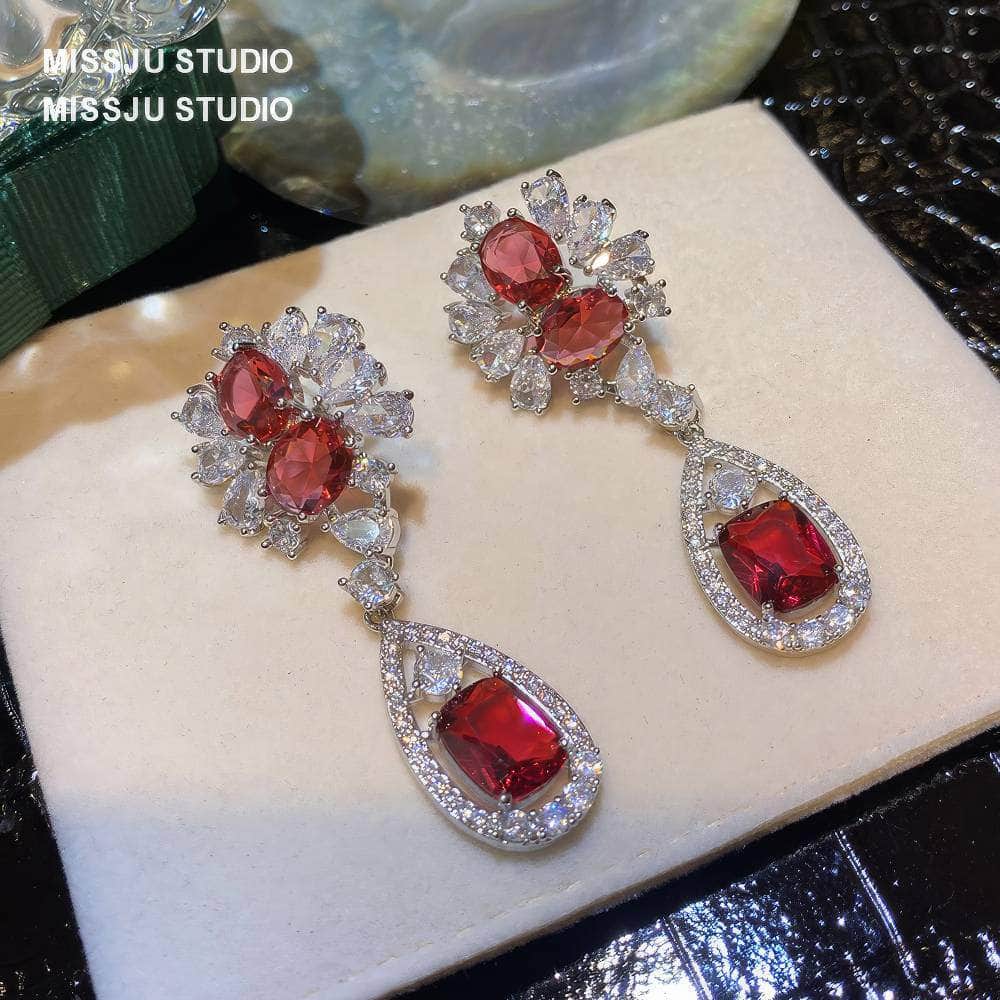 Baroque Ruby Crystals Paved Dangle Earrings Red