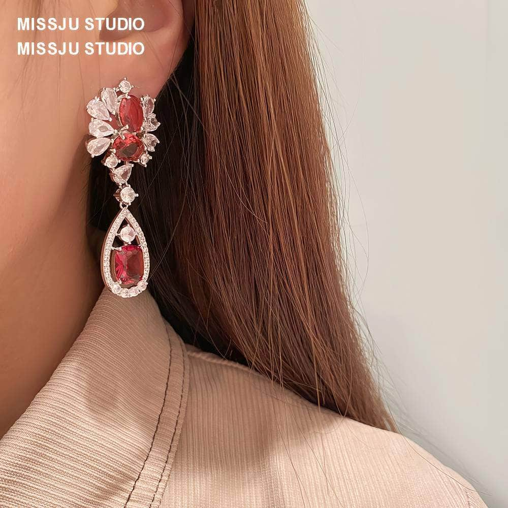 Baroque Ruby Crystals Paved Dangle Earrings Red