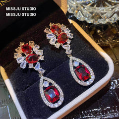 Baroque Ruby Crystals Paved Dangle Earrings Red