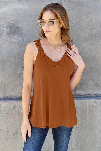 Basic Bae Full Size Lace Detail V-Neck Cutout Cami Caramel / S