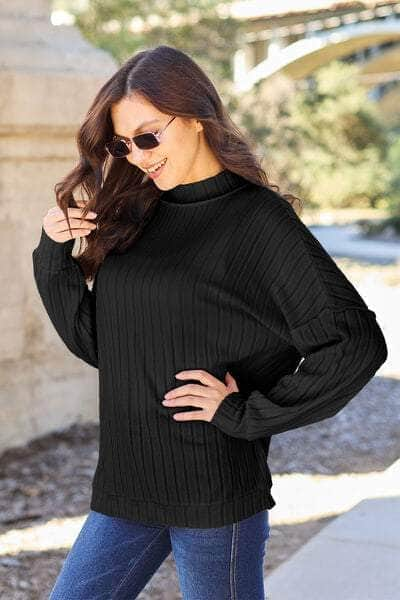 Basic Bae Full Size Ribbed Exposed Seam Mock Neck Knit Top Black / S