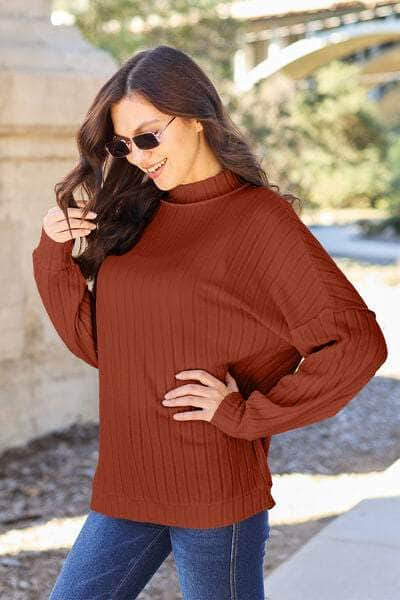 Basic Bae Full Size Ribbed Exposed Seam Mock Neck Knit Top Brick Red / S