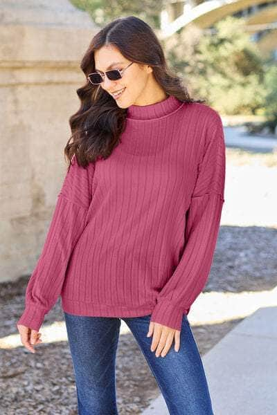 Basic Bae Full Size Ribbed Exposed Seam Mock Neck Knit Top Deep Rose / S