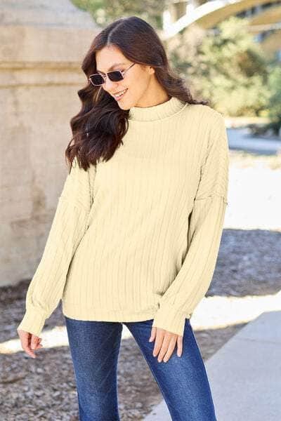 Basic Bae Full Size Ribbed Exposed Seam Mock Neck Knit Top Pastel Yellow / S