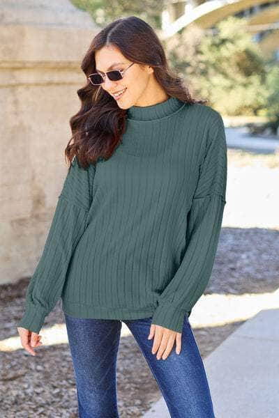 Basic Bae Full Size Ribbed Exposed Seam Mock Neck Knit Top Teal / S