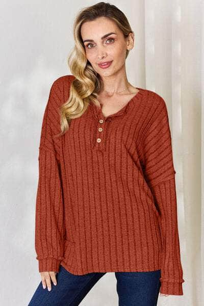 Basic Bae Full Size Ribbed Half Button Long Sleeve T-Shirt Brick Red / S